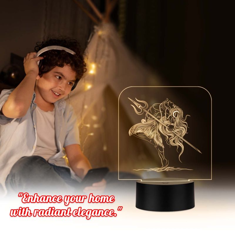 3D Illusion Shiv shambhu Night lamp for Home puja Room mandir Temple Home décor (Warm White Light) Wood Base